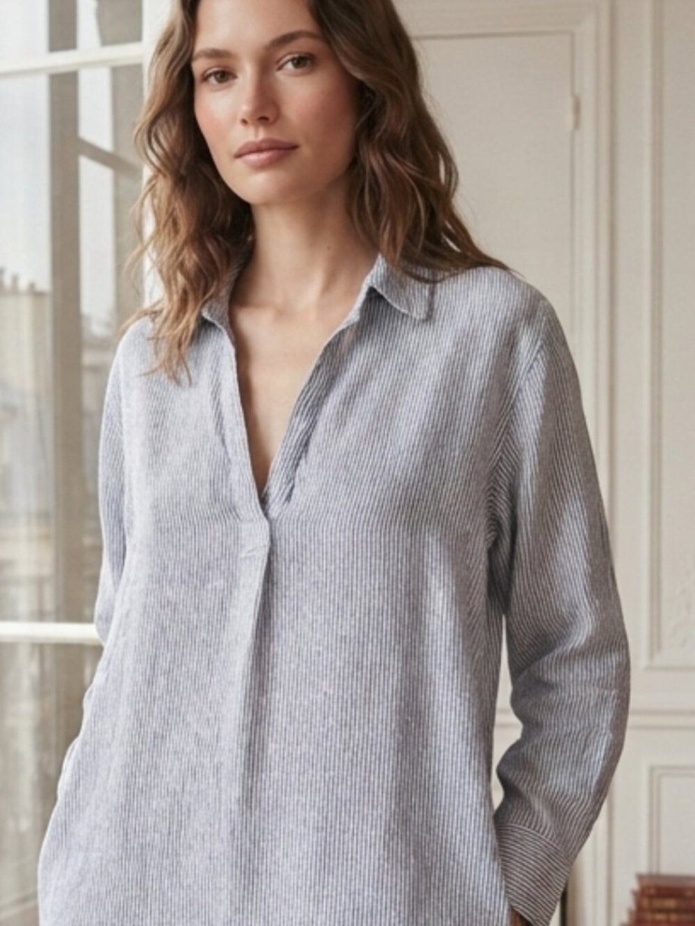 Tahari Lightweight 100% Linen Striped Tunic Shirt - Blue & White Sz 3X